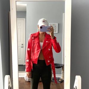 Missguided Red Star Faux Leather Moto Jacket